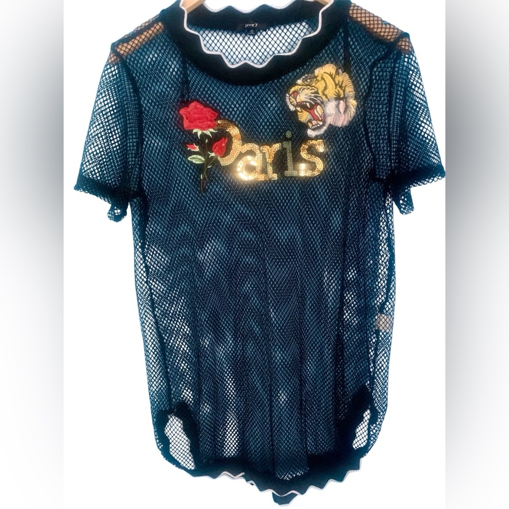 VTG 90's Y2K Love J Black Mesh Sequins Paris Lion Dress Tunic Size M